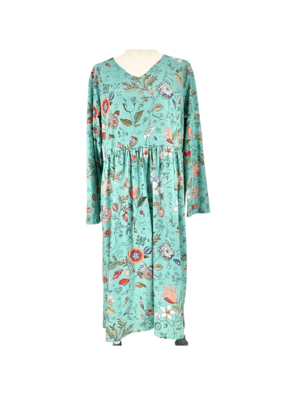 Womens Midi Dress Large/XL Floral Green LS With Pockets Lightweight Comfortable